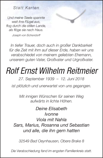 Traueranzeige von Rolf Ernst Wilhelm Reitmeier
