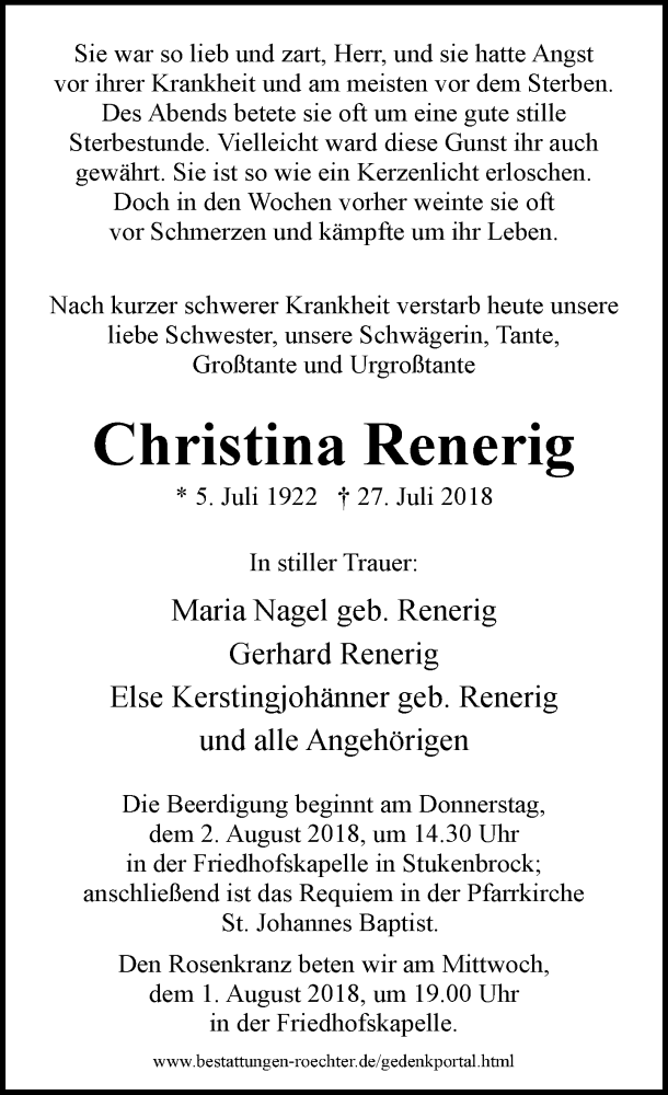 Traueranzeige für Christina Renerig vom 28.07.2018 aus Neue Westfälische