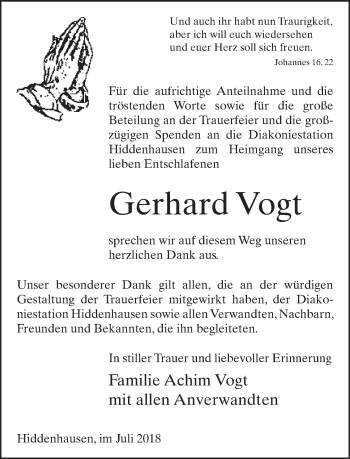 Traueranzeige von Gerhard Vogt