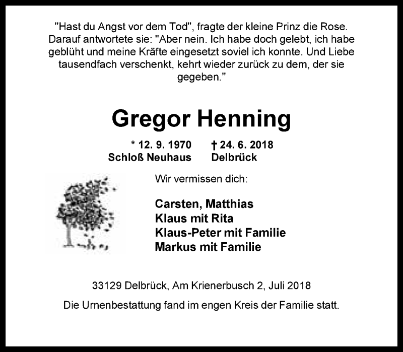  Traueranzeige für Gregor Henning vom 07.07.2018 aus Neue Westfälische