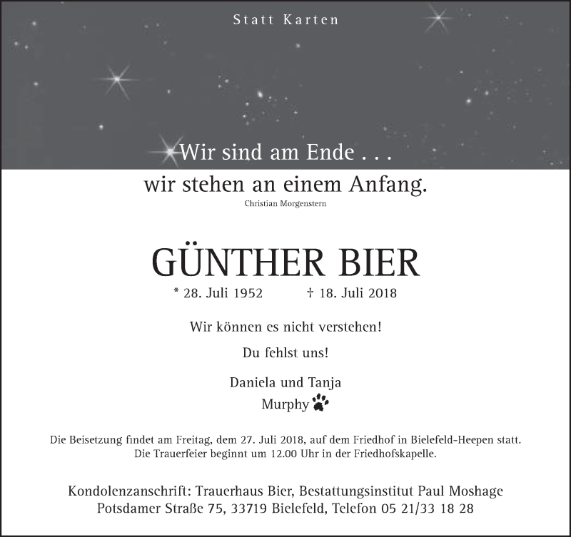  Traueranzeige für Günther Bier vom 21.07.2018 aus Neue Westfälische