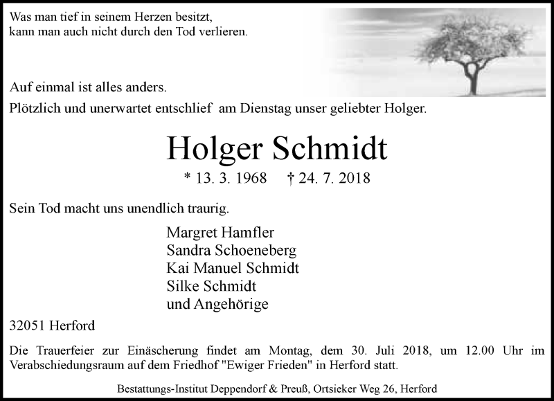  Traueranzeige für Holger Schmidt vom 28.07.2018 aus Neue Westfälische