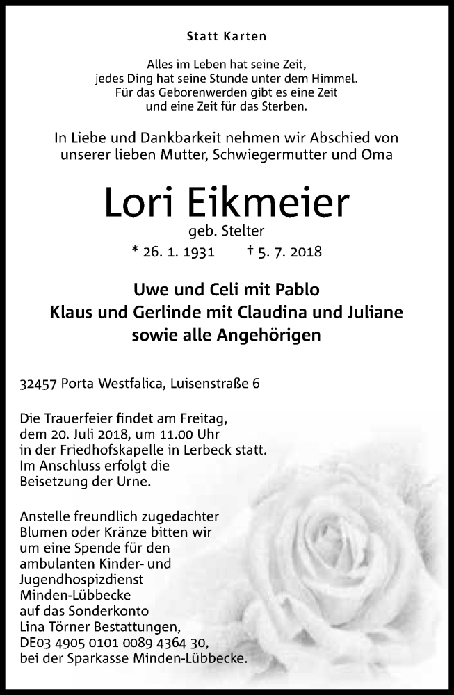  Traueranzeige für Lori Eikmeier vom 14.07.2018 aus Neue Westfälische