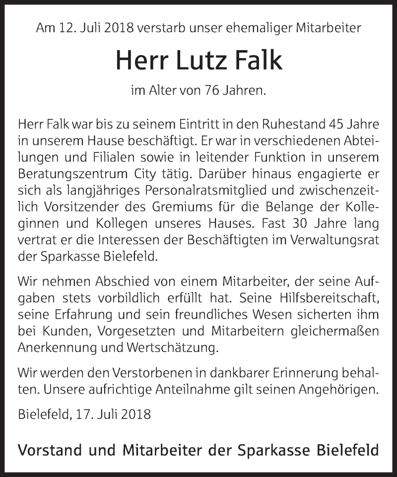  Traueranzeige für Lutz Falk vom 18.07.2018 aus Neue Westfälische