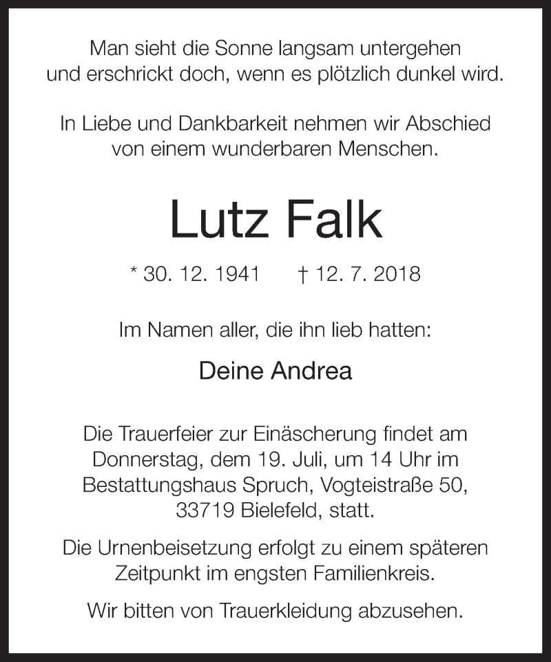 Traueranzeige für Lutz Falk vom 14.07.2018 aus Neue Westfälische