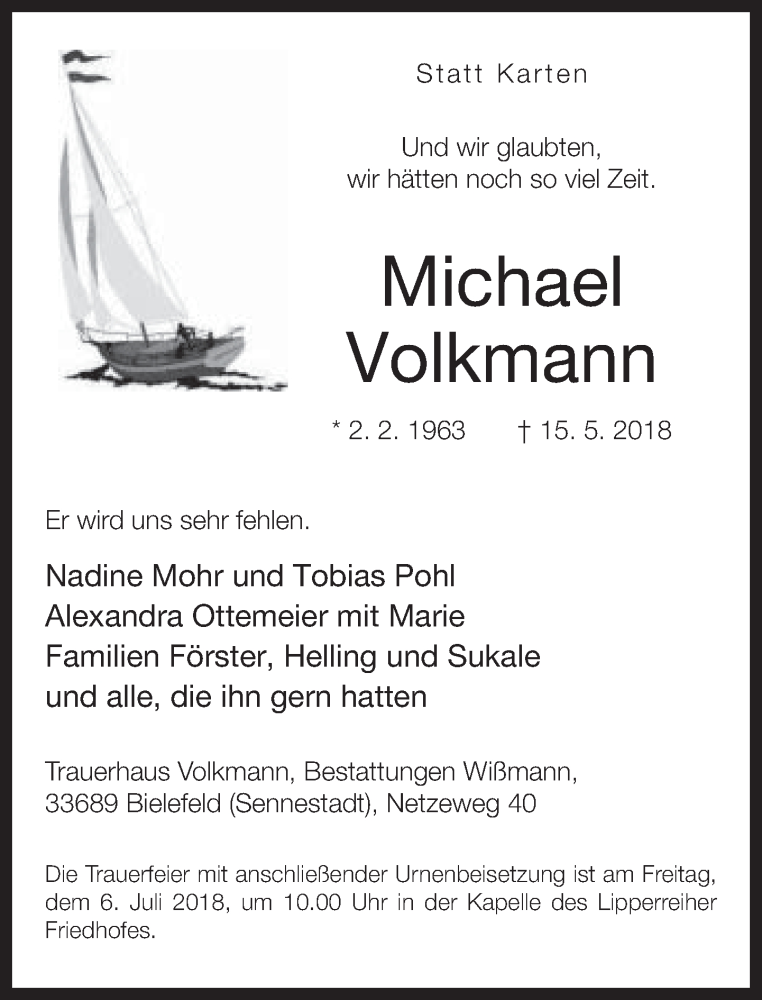  Traueranzeige für Michael Volkmann vom 04.07.2018 aus Neue Westfälische