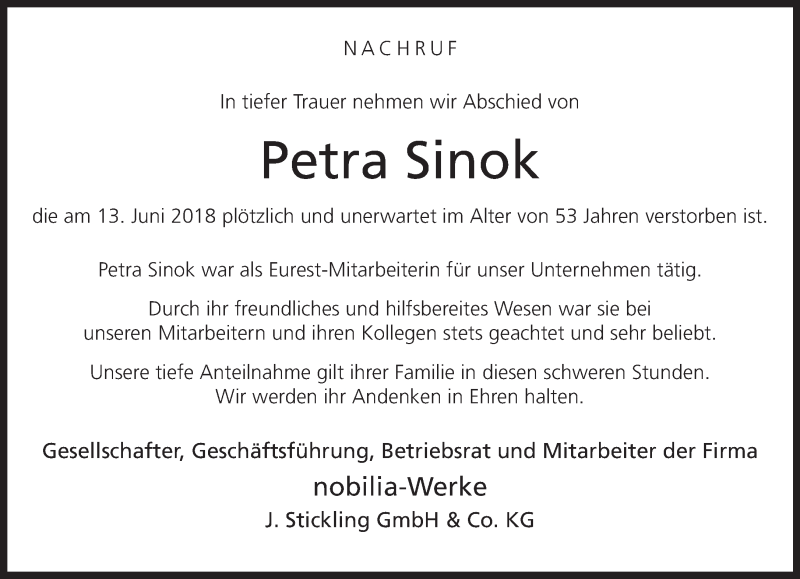  Traueranzeige für Petra Sinok vom 05.07.2018 aus Neue Westfälische