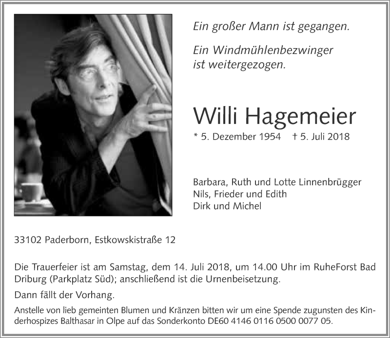  Traueranzeige für Willi Hagemeier vom 10.07.2018 aus Neue Westfälische