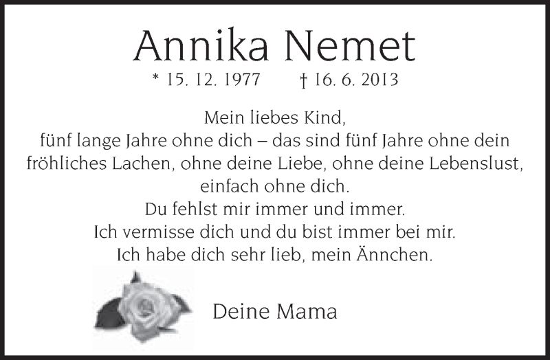  Traueranzeige für Annika Nemet vom 16.06.2018 aus  Neue Westfälische
