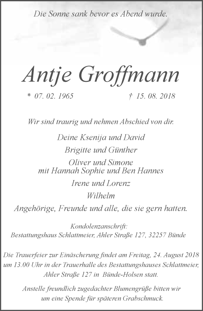  Traueranzeige für Antje Groffmann vom 20.08.2018 aus Neue Westfälische