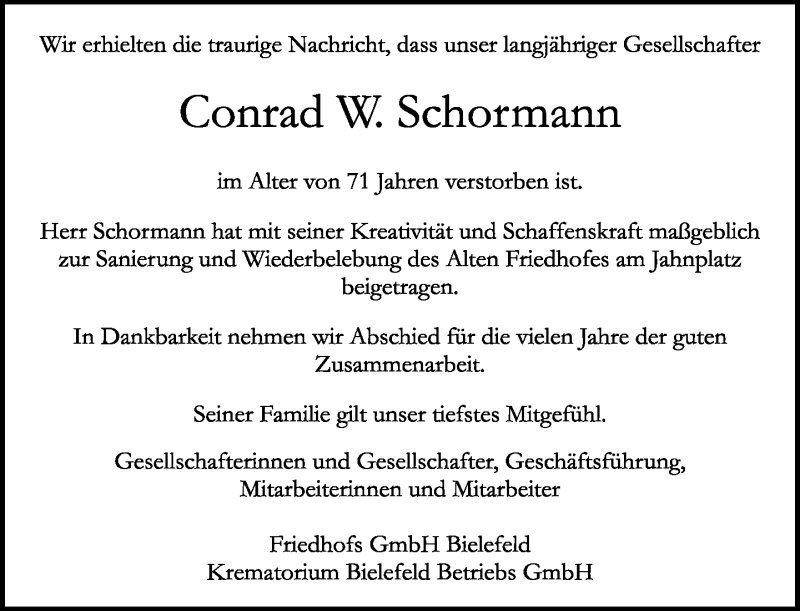  Traueranzeige für Conrad W. Schormann vom 04.08.2018 aus Neue Westfälische