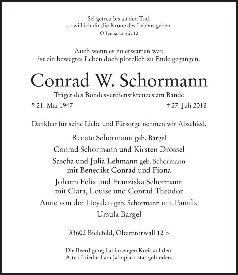  Traueranzeige für Conrad W. Schormann vom 04.08.2018 aus Neue Westfälische
