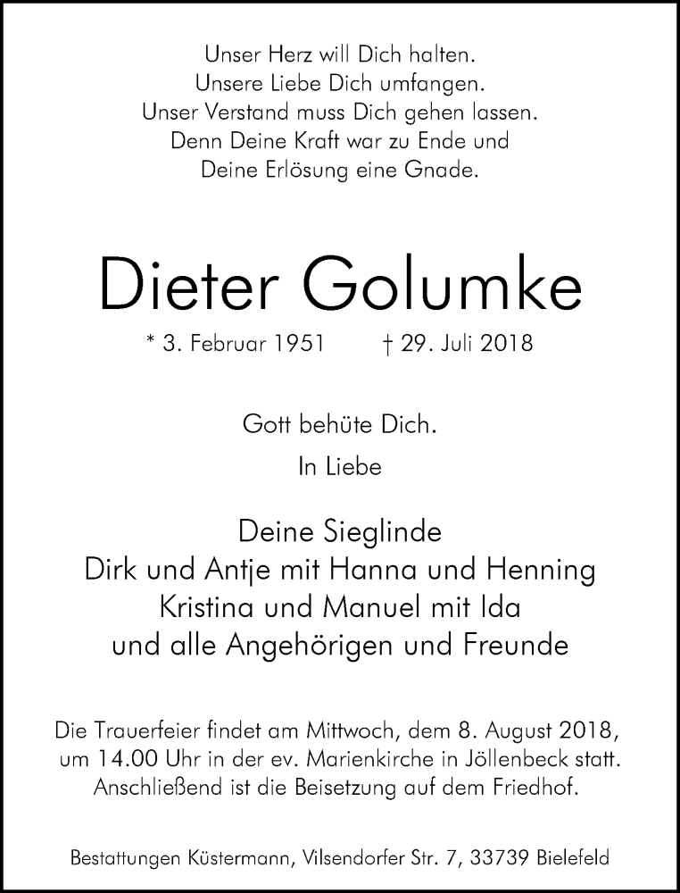 Traueranzeige für Dieter Golumke vom 04.08.2018 aus Neue Westfälische