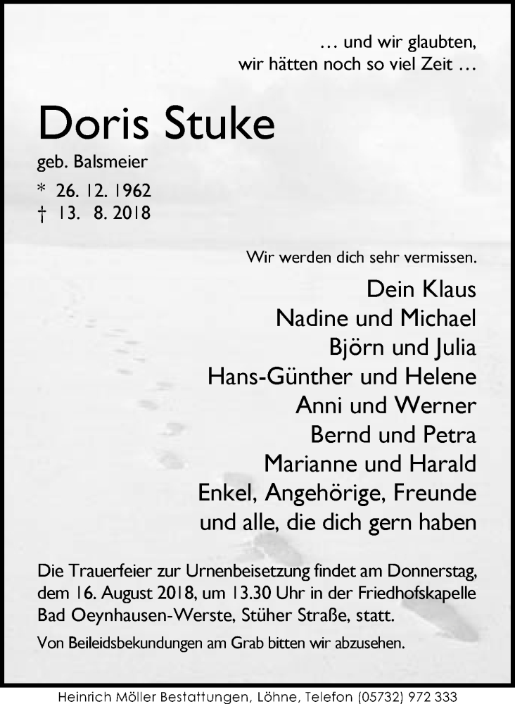  Traueranzeige für Doris Stuke vom 15.08.2018 aus Neue Westfälische