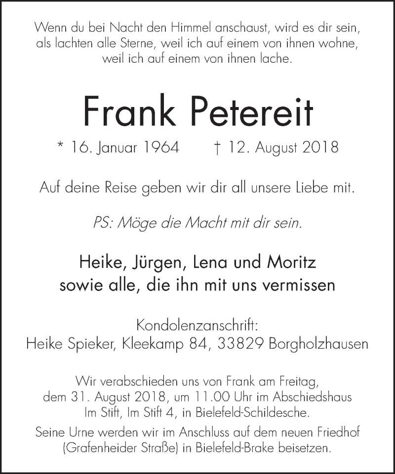  Traueranzeige für Frank Petereit vom 25.08.2018 aus Neue Westfälische