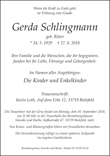 Traueranzeige von Gerda Schlingmann