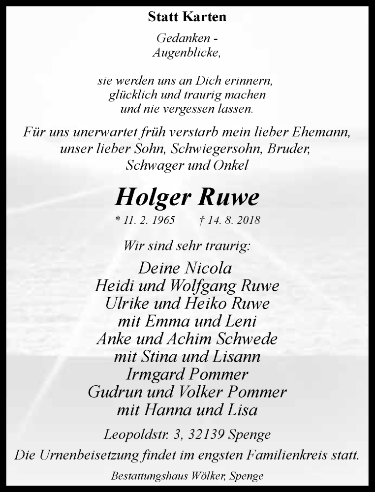  Traueranzeige für Holger Ruwe vom 18.08.2018 aus Neue Westfälische