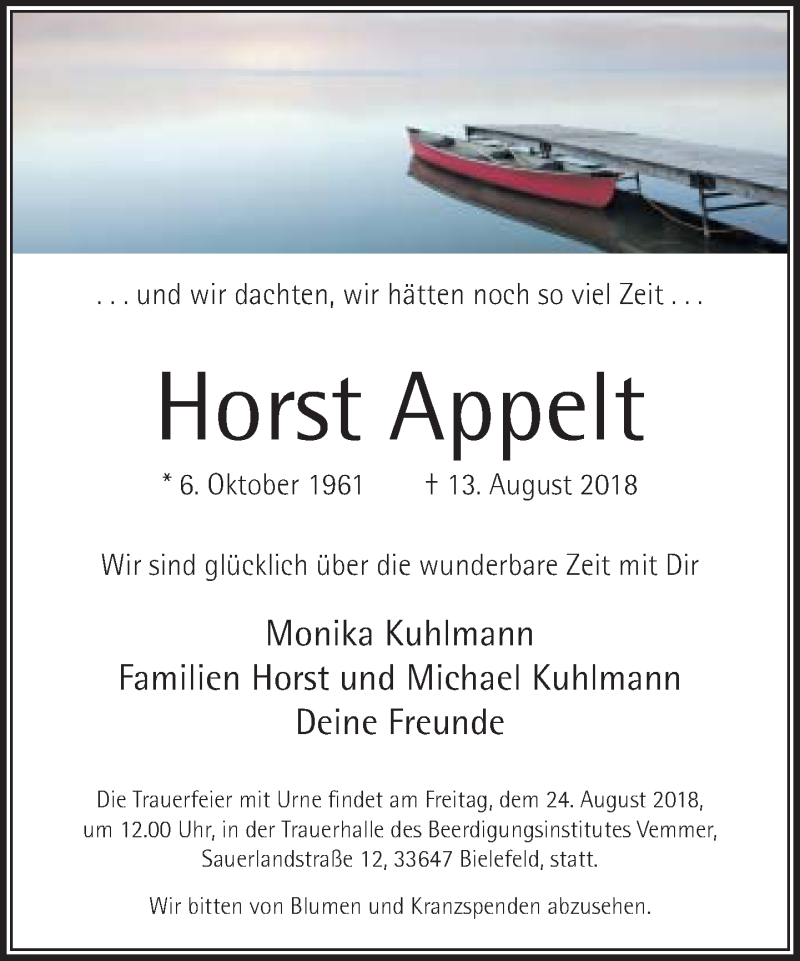  Traueranzeige für Horst Appelt vom 18.08.2018 aus Neue Westfälische