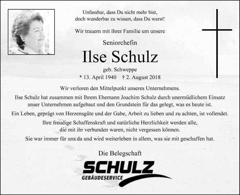  Traueranzeige für Ilse Schulz vom 09.08.2018 aus Neue Westfälische