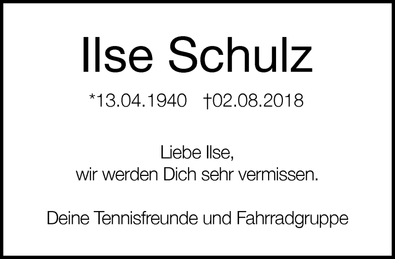  Traueranzeige für Ilse Schulz vom 08.08.2018 aus Neue Westfälische