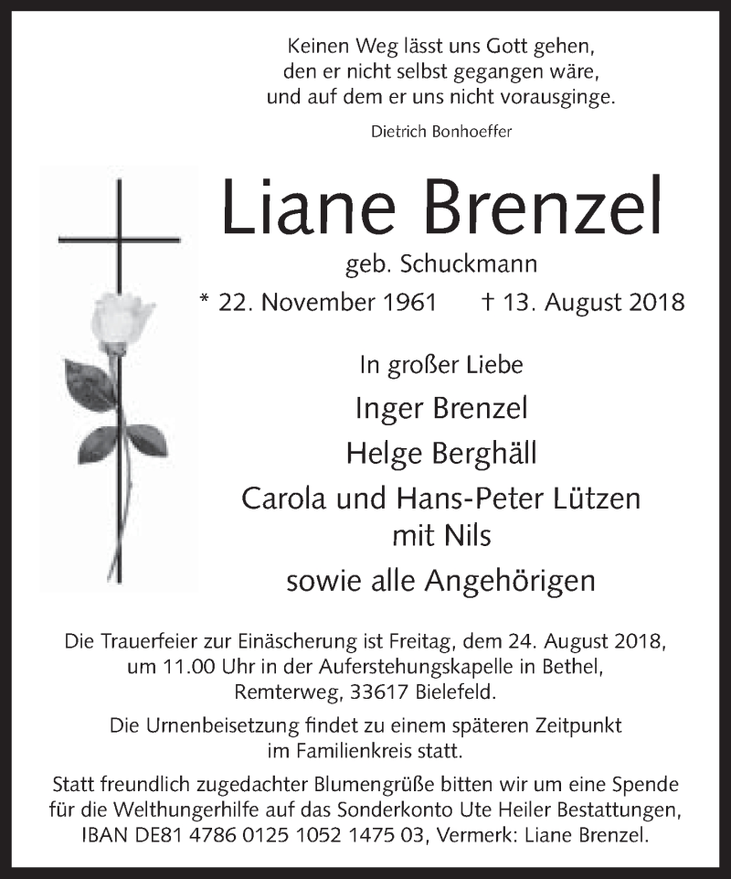  Traueranzeige für Liane Brenzel vom 18.08.2018 aus Neue Westfälische