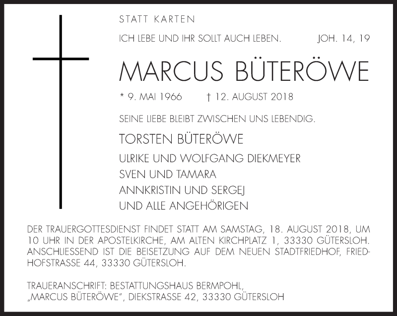  Traueranzeige für Marcus Büteröwe vom 15.08.2018 aus Neue Westfälische