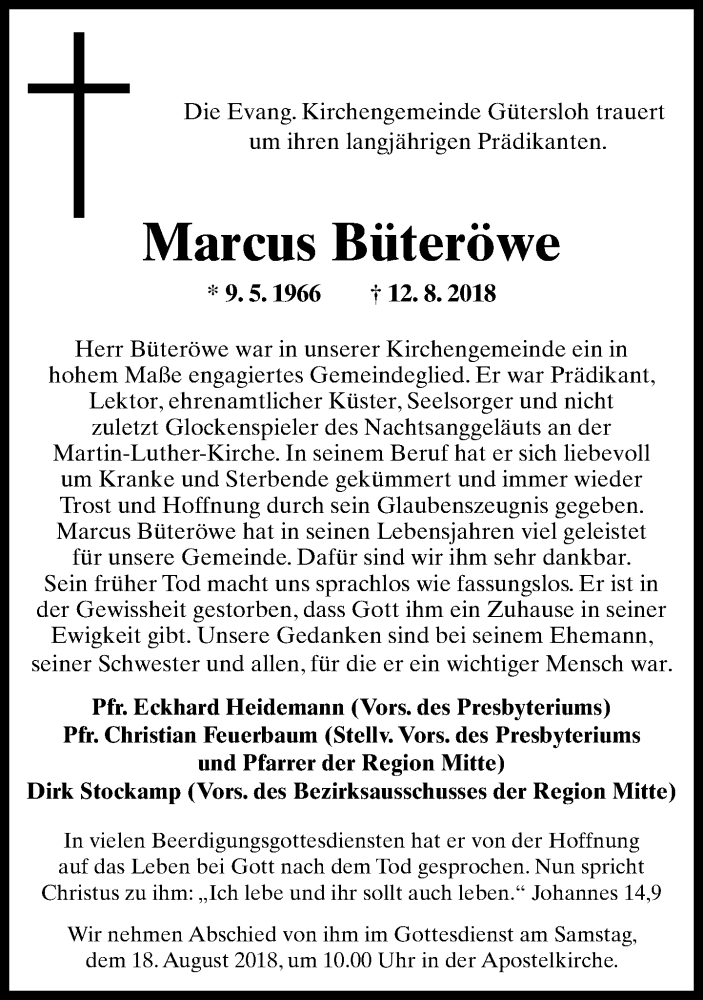  Traueranzeige für Marcus Büteröwe vom 17.08.2018 aus Neue Westfälische