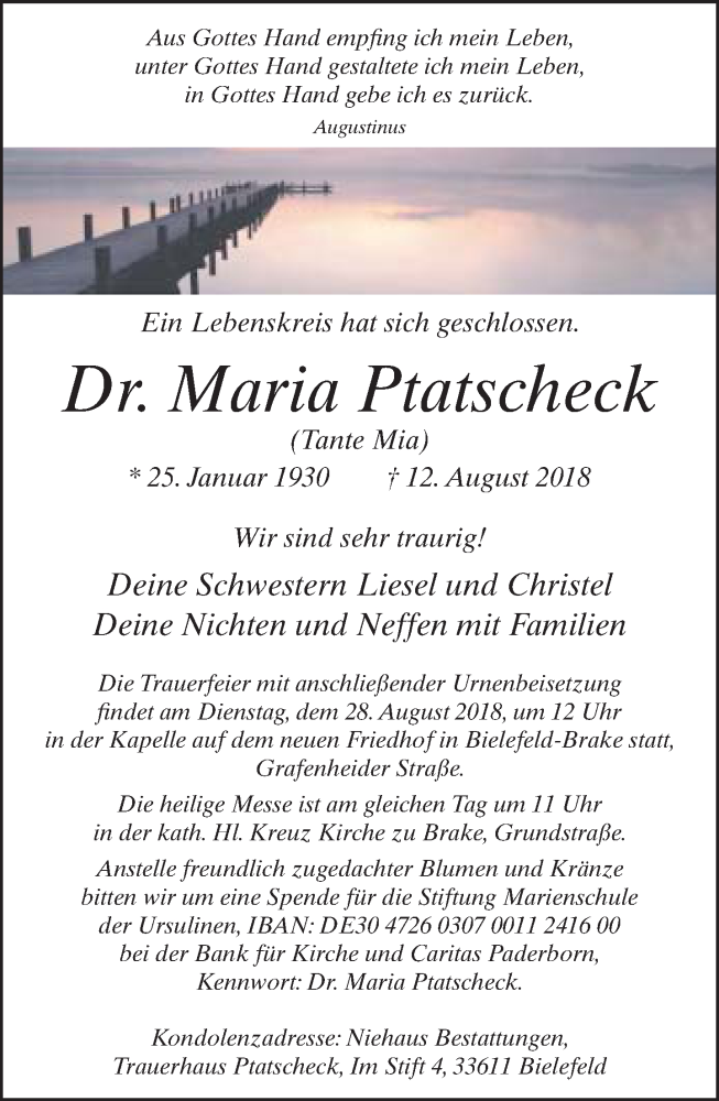  Traueranzeige für Maria Ptatscheck vom 18.08.2018 aus Neue Westfälische
