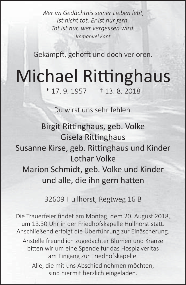  Traueranzeige für Michael Rittinghaus vom 16.08.2018 aus Neue Westfälische