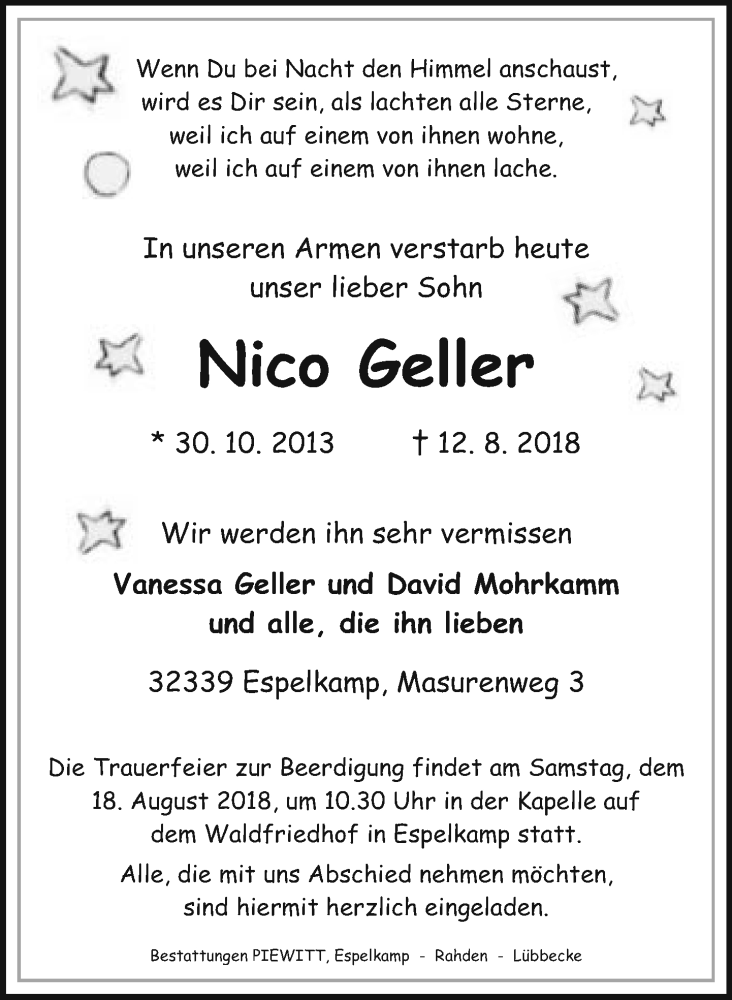  Traueranzeige für Nico Geller vom 14.08.2018 aus Neue Westfälische