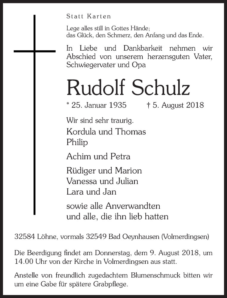  Traueranzeige für Rudolf Schulz vom 07.08.2018 aus Neue Westfälische