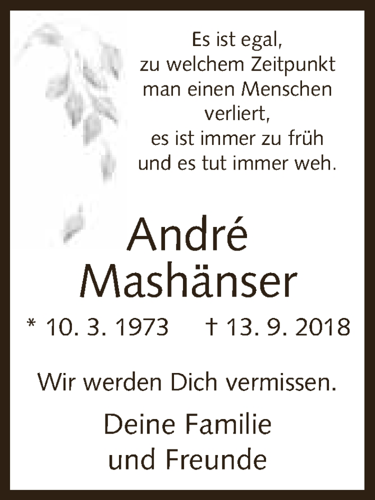  Traueranzeige für André Mashänser vom 19.09.2018 aus Neue Westfälische