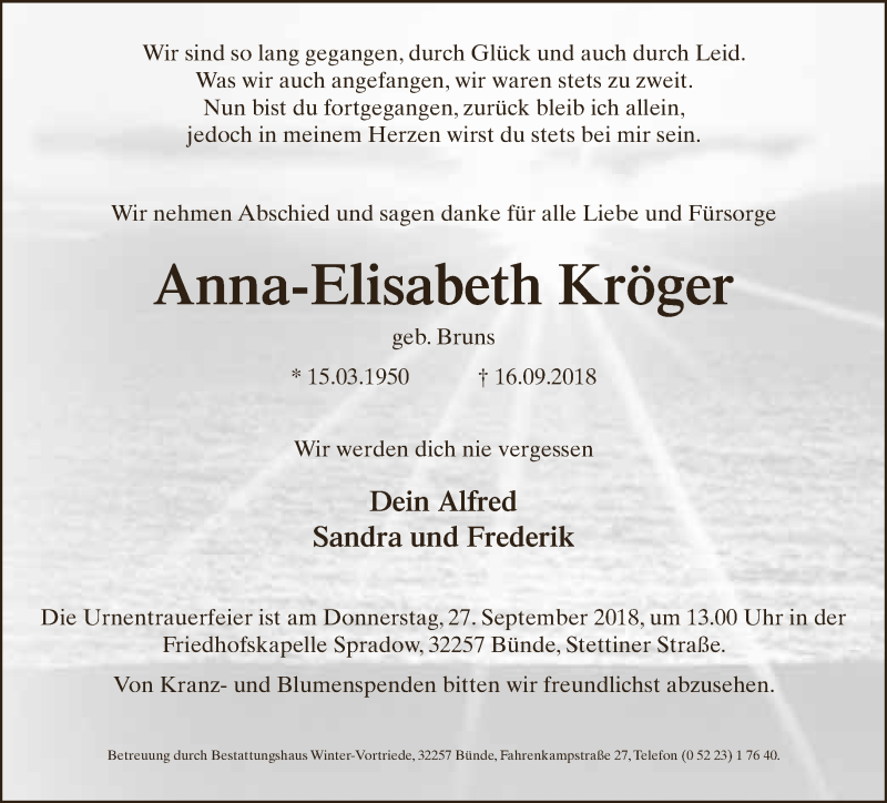  Traueranzeige für Anna-Elisabeth Kröger vom 22.09.2018 aus Neue Westfälische