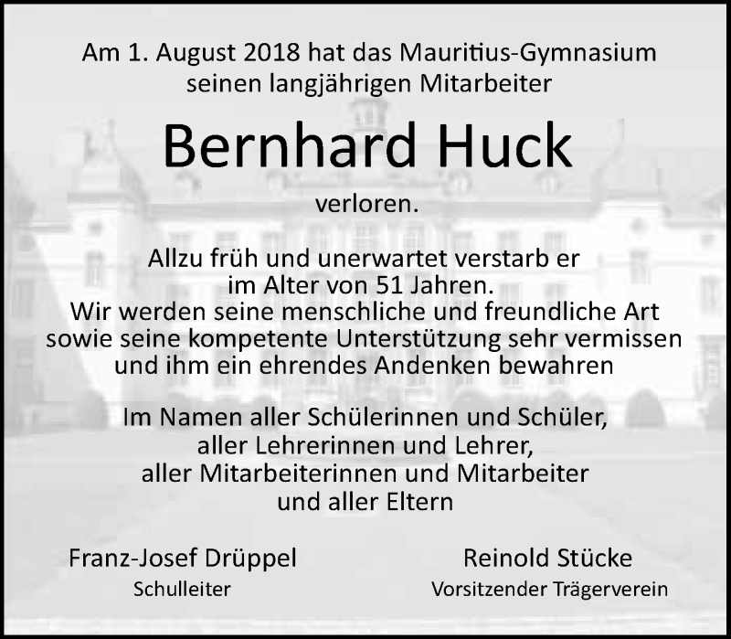  Traueranzeige für Bernhard Huck vom 05.09.2018 aus Neue Westfälische