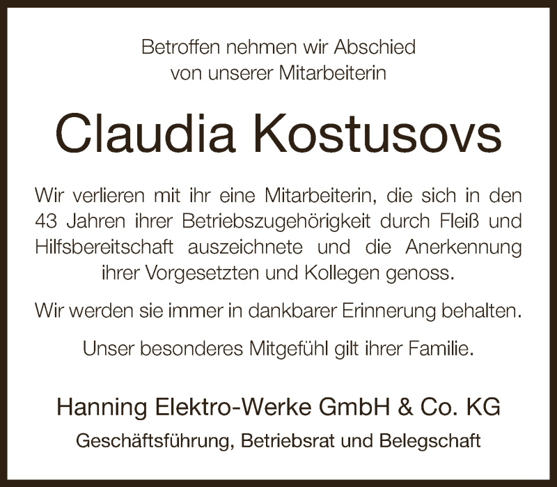 Traueranzeige für Claudia Kostusovs vom 15.09.2018 aus Neue Westfälische