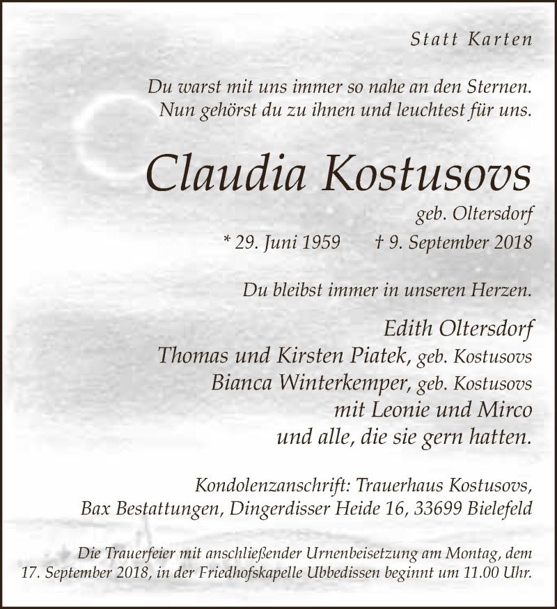  Traueranzeige für Claudia Kostusovs vom 12.09.2018 aus Neue Westfälische