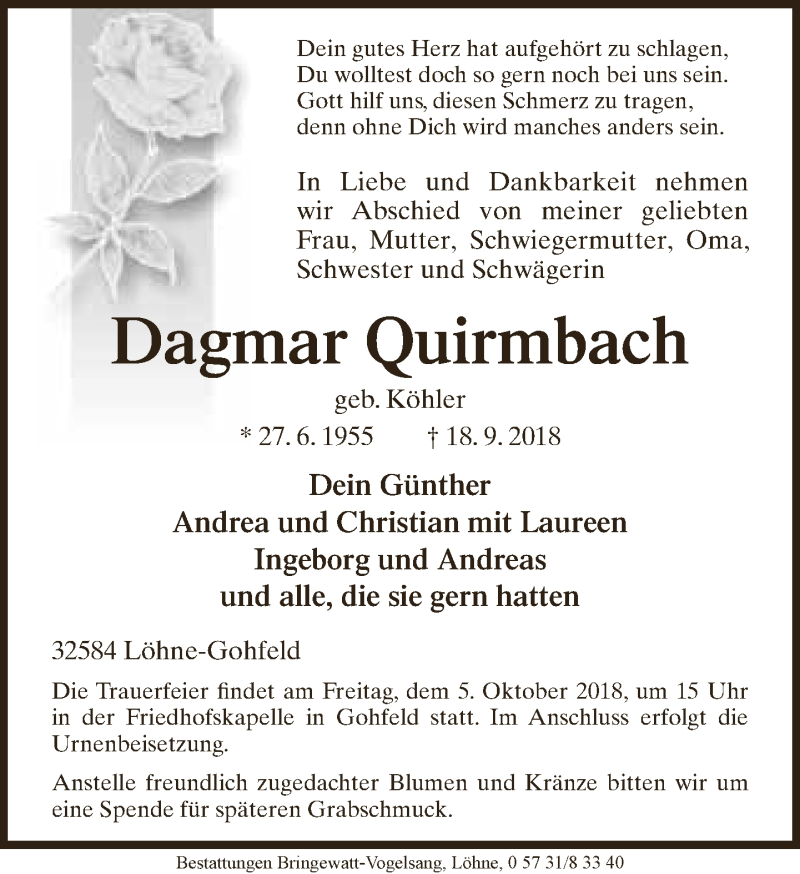  Traueranzeige für Dagmar Quirmbach vom 29.09.2018 aus Neue Westfälische