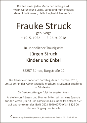 Traueranzeige von Frauke Struck