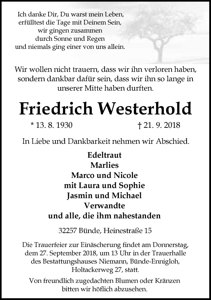  Traueranzeige für Friedrich Westerhold vom 25.09.2018 aus Neue Westfälische