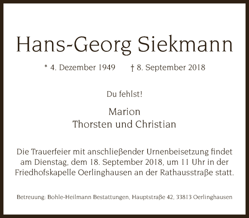  Traueranzeige für Hans-Georg Siekmann vom 12.09.2018 aus Neue Westfälische