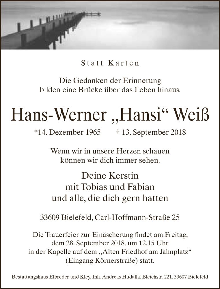  Traueranzeige für Hans-Werner Weiß vom 25.09.2018 aus Neue Westfälische