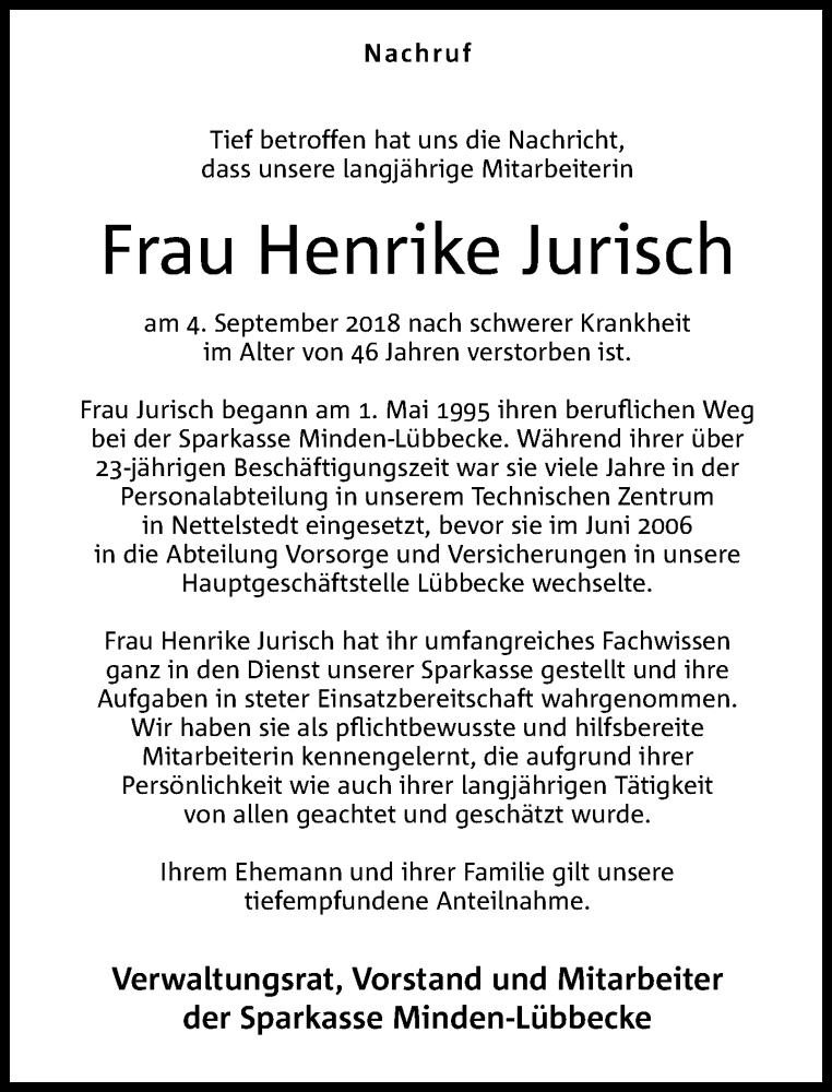  Traueranzeige für Henrike Jurisch vom 12.09.2018 aus Neue Westfälische