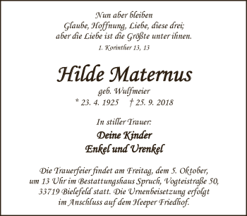 Traueranzeige von Hilde Maternus