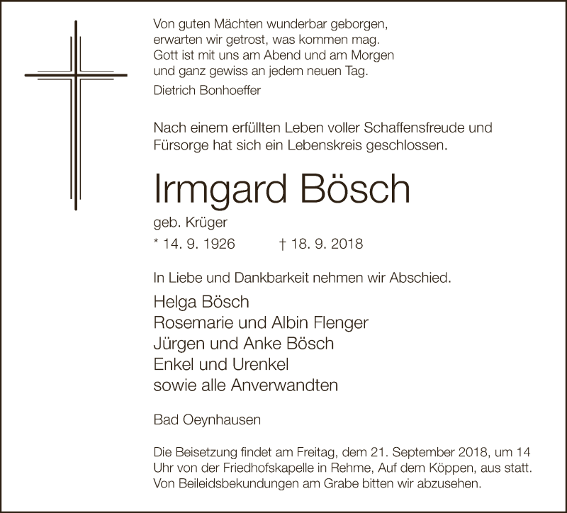  Traueranzeige für Irmgard Bösch vom 20.09.2018 aus Neue Westfälische