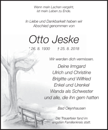 Traueranzeige von Otto Jeske