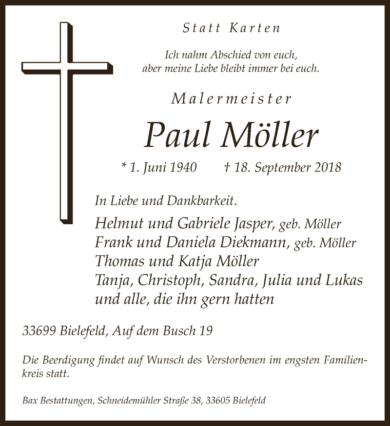  Traueranzeige für Paul Möller vom 22.09.2018 aus Neue Westfälische
