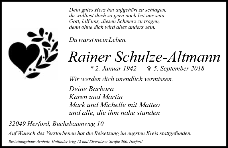  Traueranzeige für Rainer Schulze-Altmann vom 22.09.2018 aus Neue Westfälische