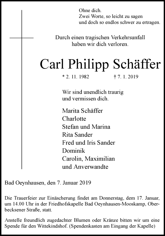  Traueranzeige für Carl Philipp Schäffer vom 12.01.2019 aus Neue Westfälische