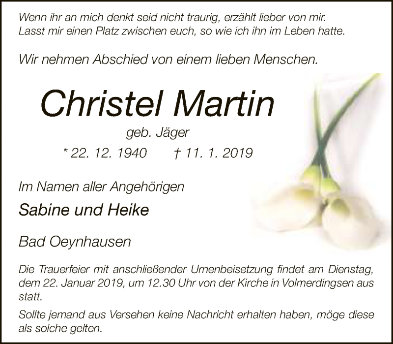  Traueranzeige für Christel Martin vom 19.01.2019 aus Neue Westfälische