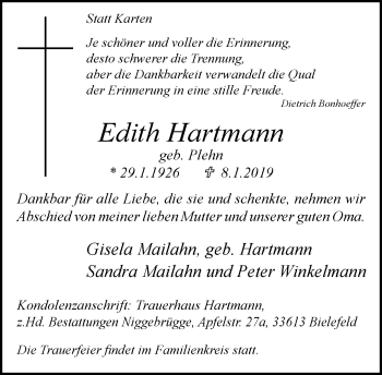Traueranzeige von Edith Hartmann